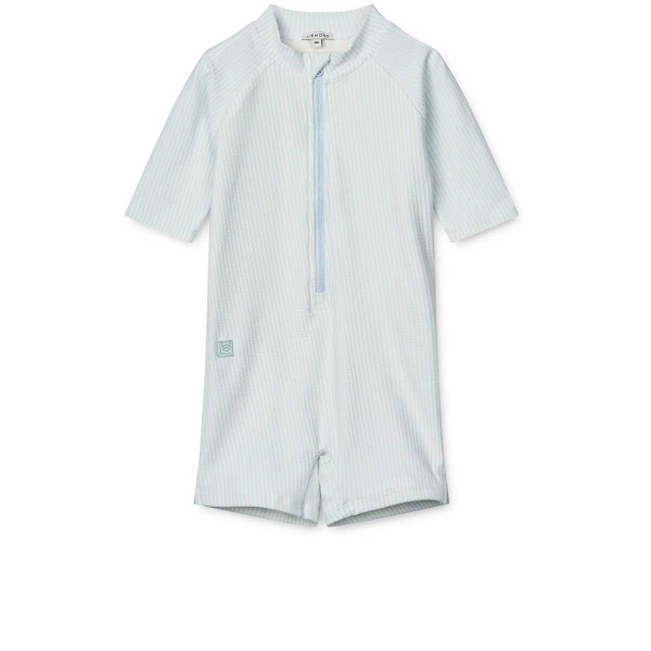 Liewood Max Seersucker Shortsleeve Swim Jumpsuit, Stripe Pure sky