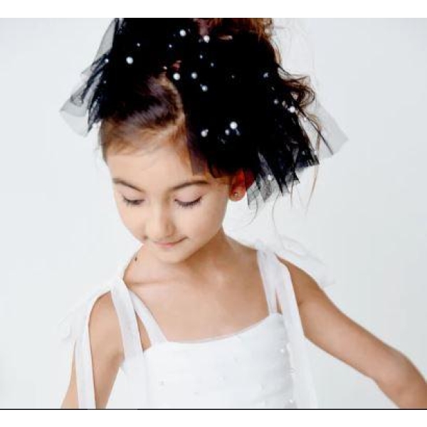 DOLLY - Pearl Tulle Tiered Hair Bow, Black