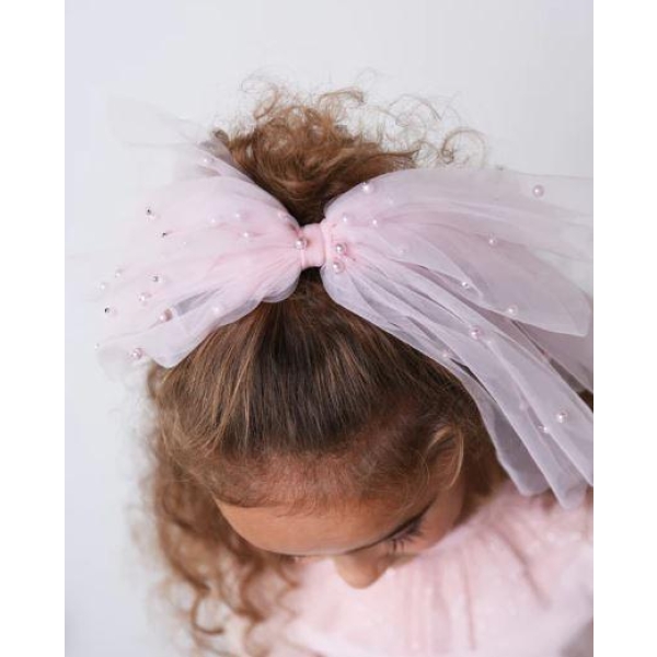 DOLLY - Pearl Tulle Tiered Hair Bow, Pink