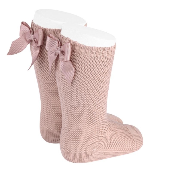 Condor, Garter Stitch Knee High Socks With Bow Old Rose